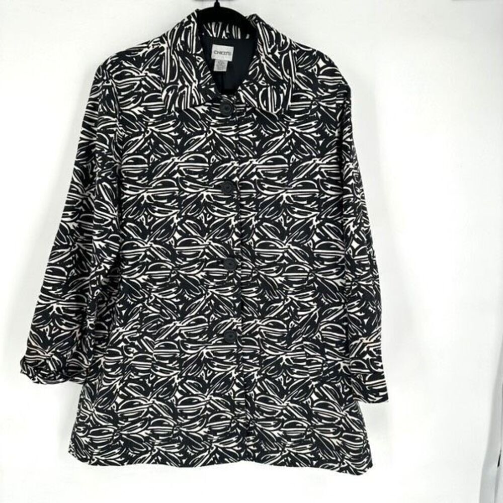 Chico's Women's Linen Blend Lined‎ Button-Down Long Blazer Black White Large